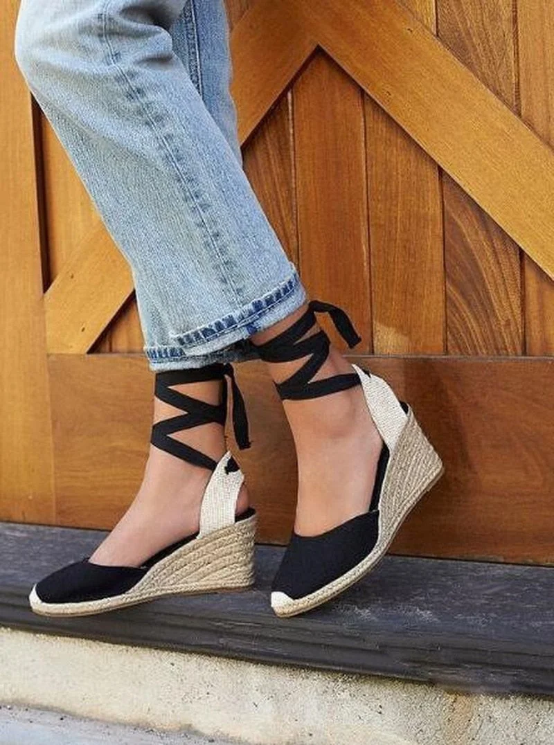 Comemore Women's Espadrille Mules Sandals Comfortable Lace Up Ladies Woman Heel Casual Shoes on Heels Dancing Girls Wedges Pumps