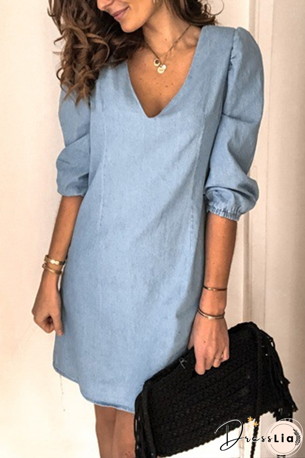 Denim Lantern Sleeve V-Neck Straight Dress