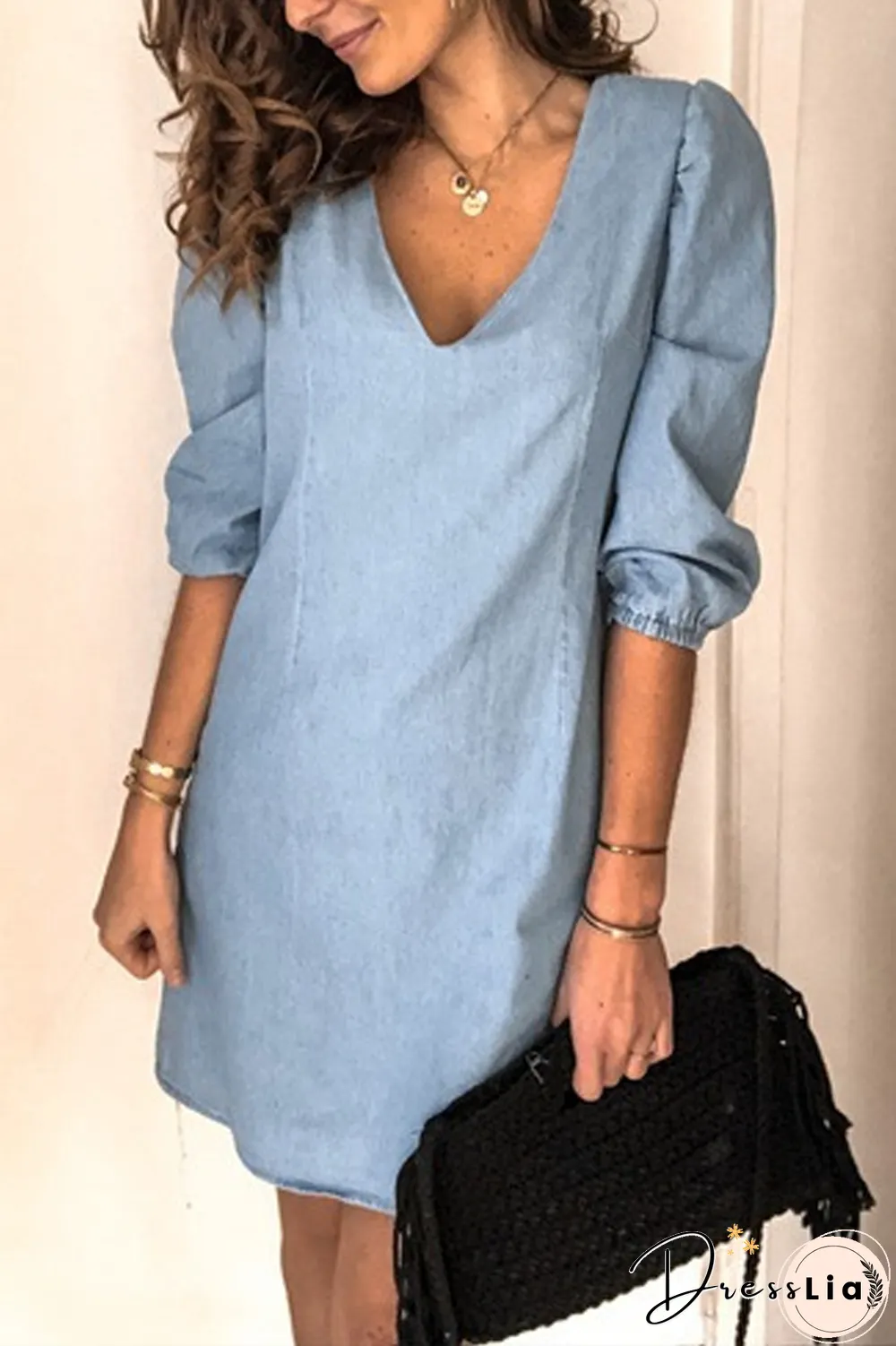 Denim Lantern Sleeve V-Neck Straight Dress