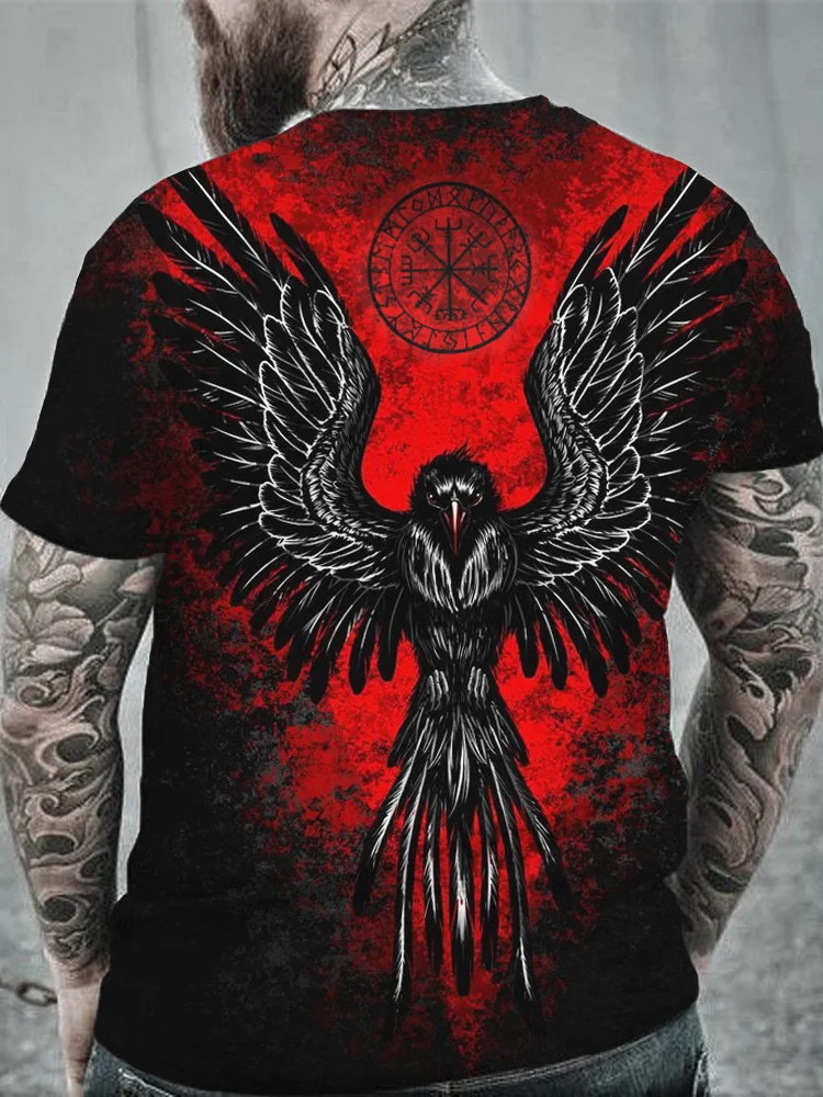 Men's Viking Raven And Vegvisir Graphic Round Neck T Shirt