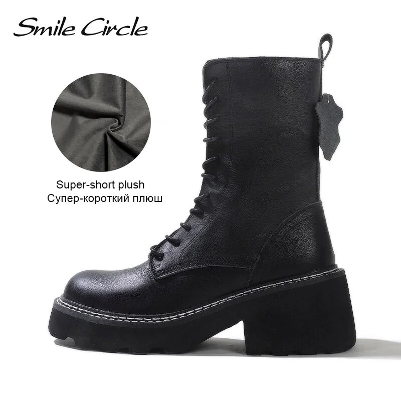 Smile Circle Chunky Ankle Boots Women Genuine Leather Black Motorcycle Boots Platform Warm Plush High heels Ladies Booties