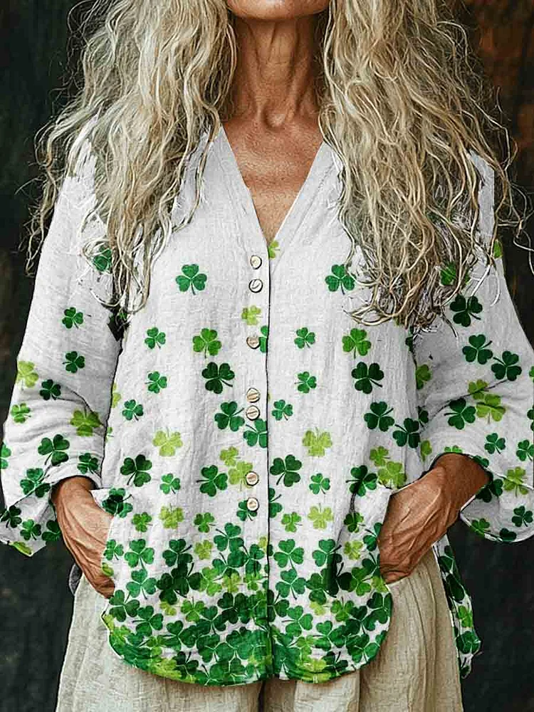 Women's Four Leaf Clover Pattern Long Sleeve Comfortable Cotton And Linen Shirt