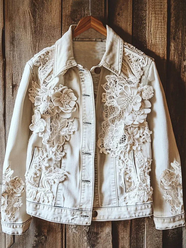 Women's Floral Lace Applique Embroidery Art Denim Jacket