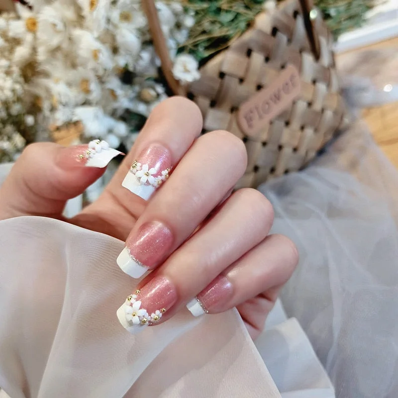 Bride Shining Rhinestone Wedding False Nails Ladies Simple Fashion French Fake Nails White Beige Acrylic Nail Tips With Glue-Nail Inspo