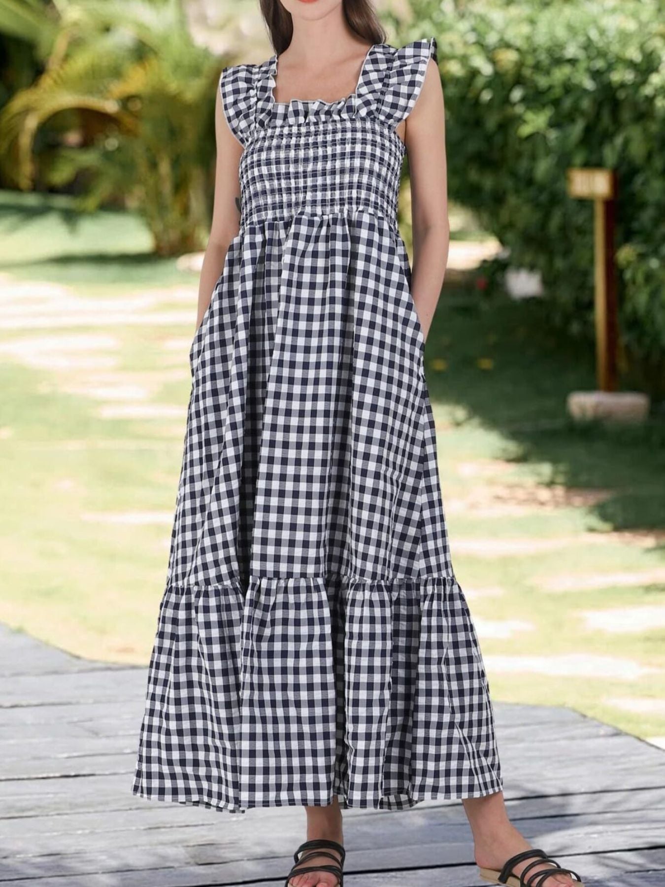 Ruffled Sleeveless Gingham Midi Dress mysite idetrend