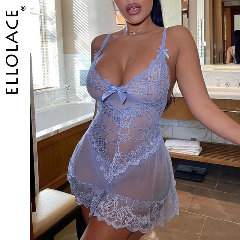 Ellolace Sexy Night Dress Women Sleepwear Lace Nightdress Mini Nightwear Sky Blue Nightie Nightgown with Thongs Home Cloth 708