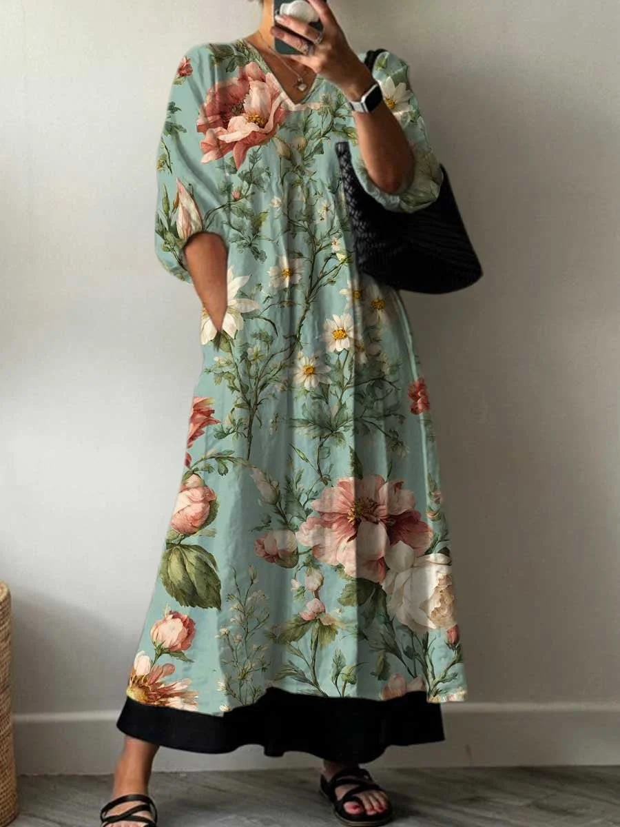 Women's Vintage Lovely Floral Art Print Pocket V-neck Cotton Dress