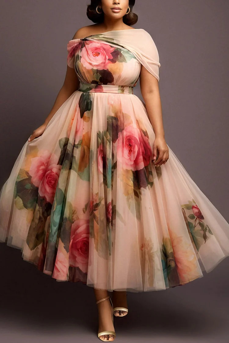 Xpluswear Design Plus Size Wedding Guest Multicolor Floral Off The Shoulder Pocket Tulle Midi Dresses [Pre-Order]