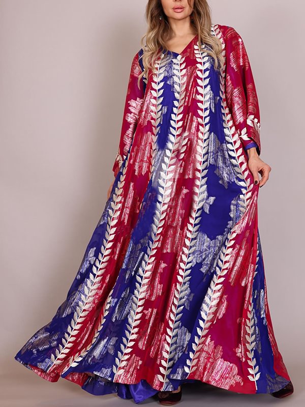 Red and blue color block printed maxi dress