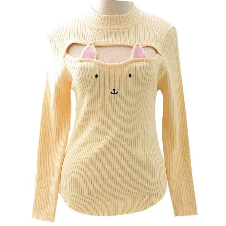 Cute Neko Cat Ears Embroidery Open Chest High Collar Bottoming Sweater SP154123