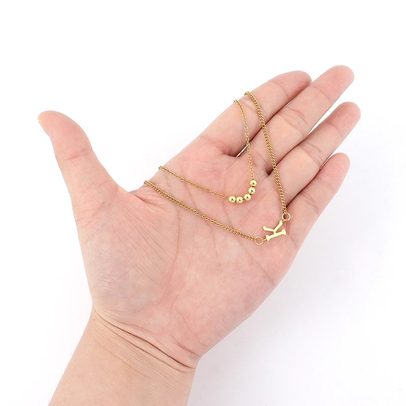 2 Pcs/set Gold Classic Fashion Initial Letter Copper Bead Stainless Steel Bracelet Women Necklace Suit