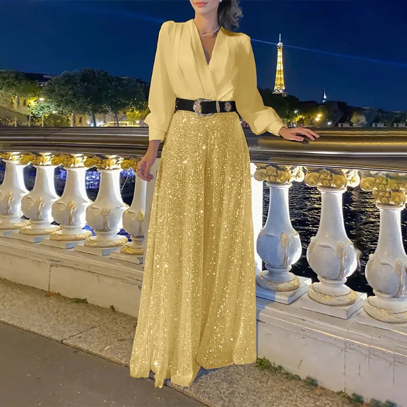 Uveng Uveng Buy Through The New Fashion V-Neck Long-Sleeved Shirt Temperament Elegant Waist Display Thin Bright Leg Pants
