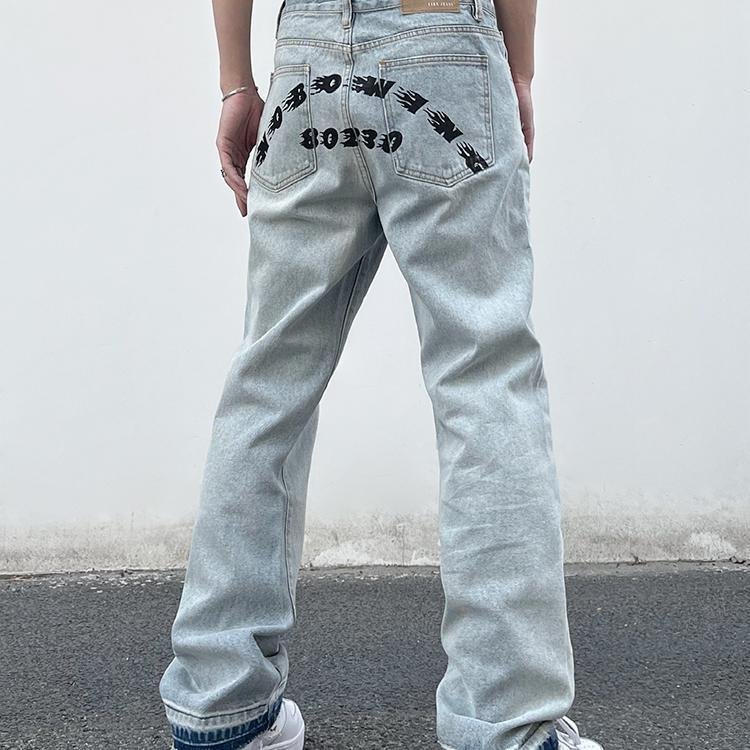 Raw Edge Letter Print Jeans Loose Hip Hop Casual Straight Pants