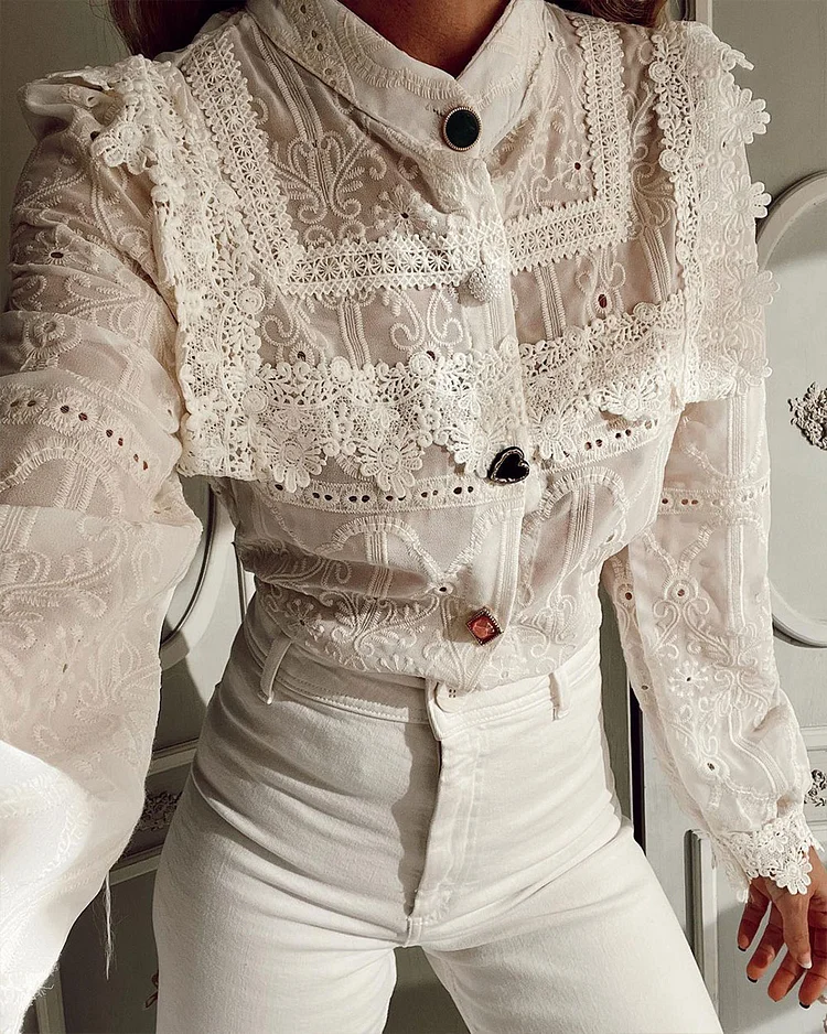 Embroidered Lace Ruffle Blouse