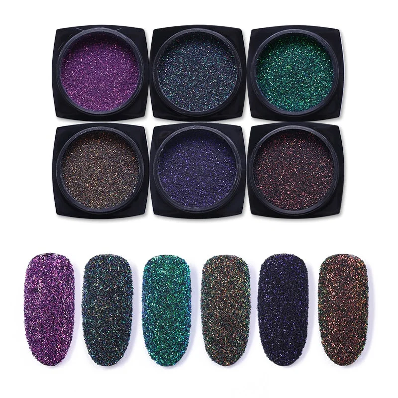 6Boxes/Set Nail Glitter Blue Grey Colorful iridescent Powder Shiny Sparkles Nail Art Sequins Pigment Flakes Dust 3D Decoration