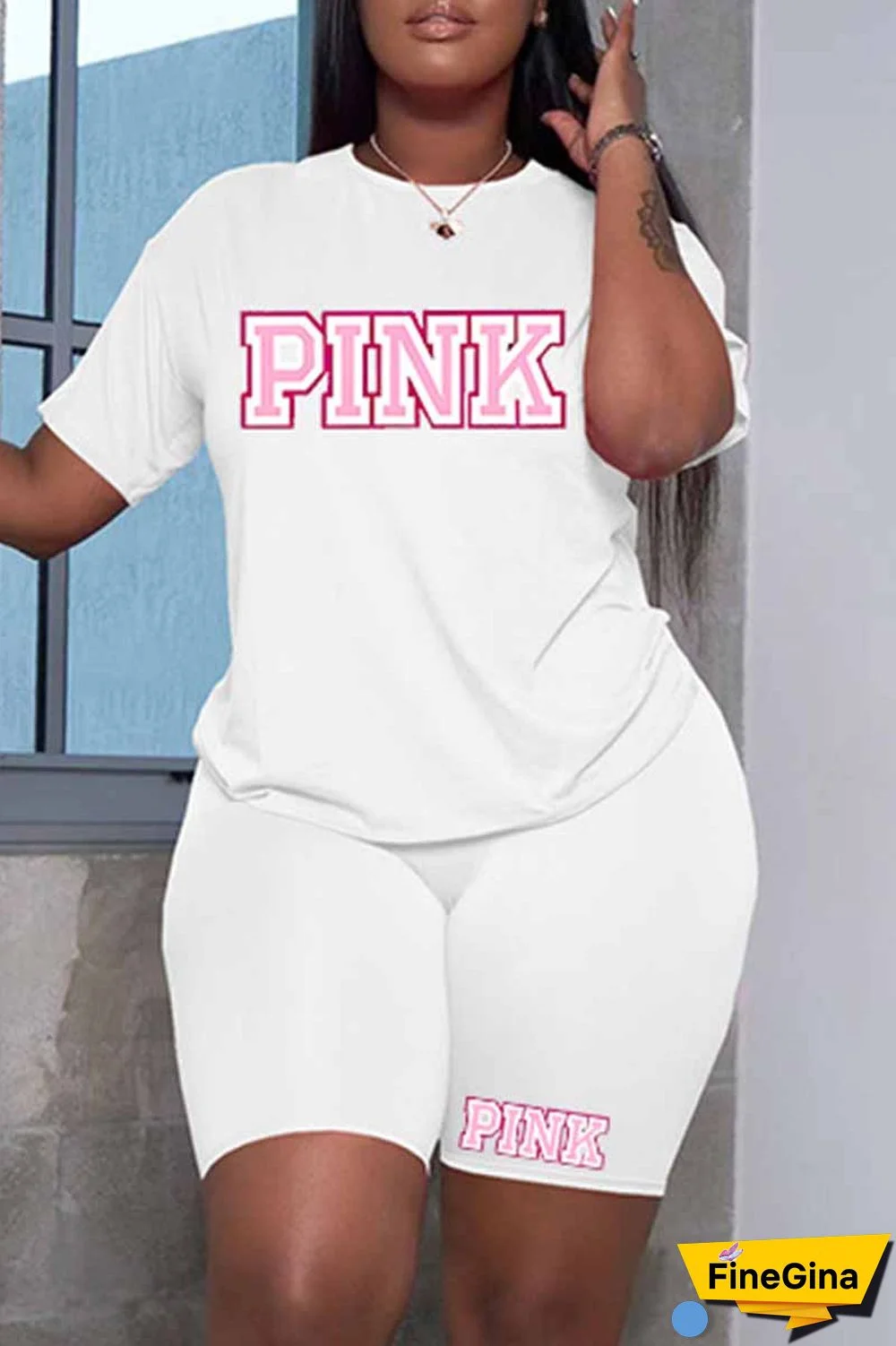 White Casual Print Letter O Neck Short Sleeve Two Pieces