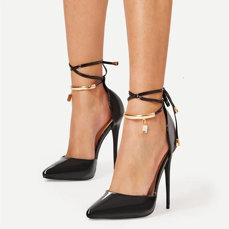 Black Patent Leather Strappy Office Pumps with Metal Detail Vdcoo