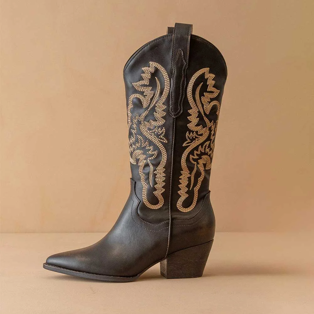 Chic Black Pull On Mid Calf Women's Western Boots with Embroidered