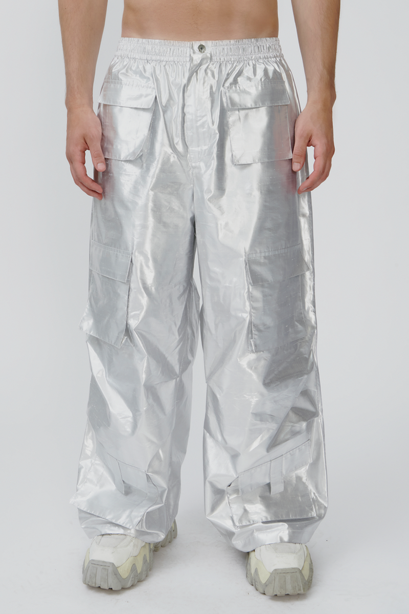 Metallic Elastic Waist Loose Fit Silver Wide-Leg Pants