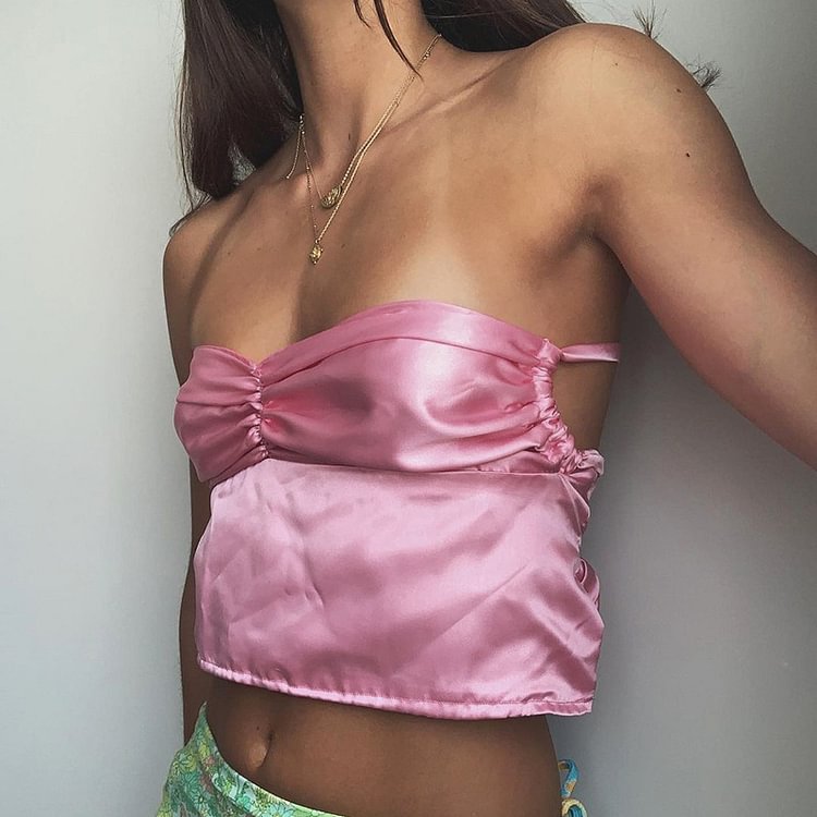 Solid Lace Up Sleeveless Off Shoulder Satin Cropped Women's Corset Top Summer Sexy Coquette Exotic Bohemia Crop Top 2022 Bustier - Shop Trendy Women's Fashion | TeeYours