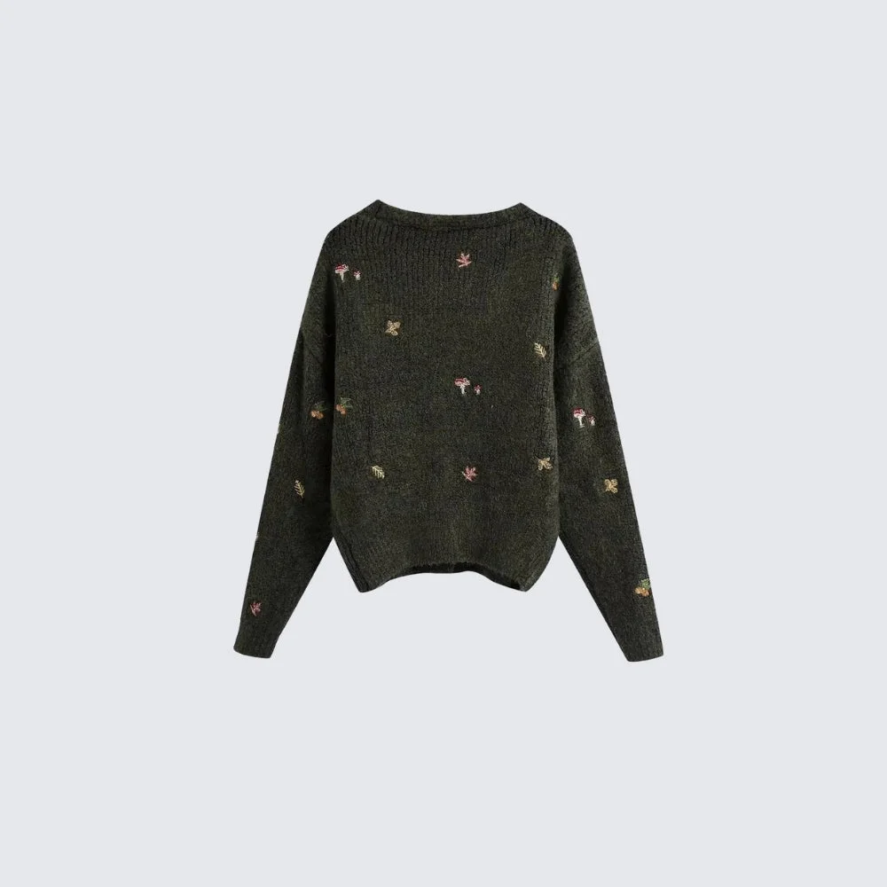 Brownm Leaf Embroidery Cardigan