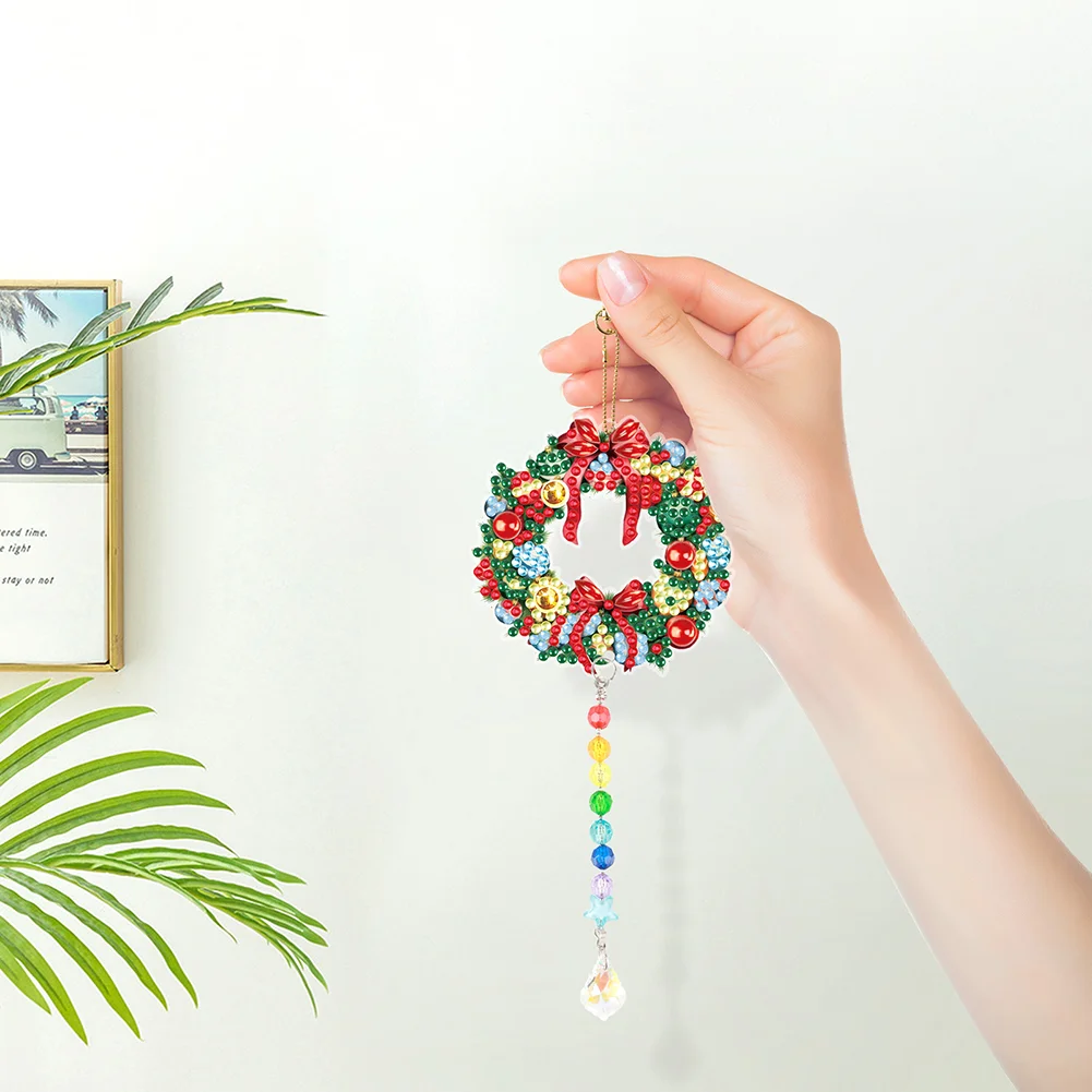 2pcs DIY Wreath Suncatcher Diamond Painting Art Pendant Christmas Home Windows Decor