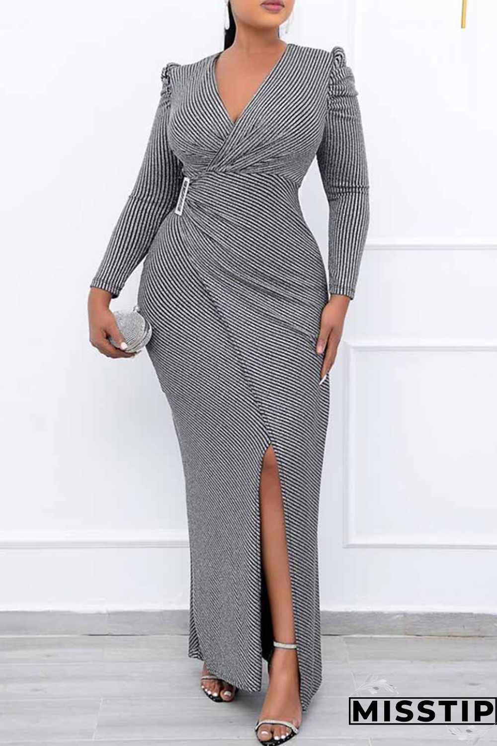 Grey Fashion Casual Solid Patchwork Slit V Neck Evening Dress