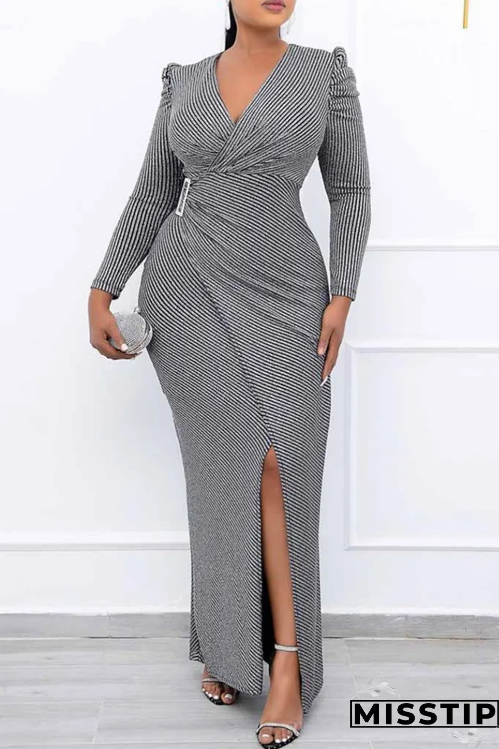 Grey Fashion Casual Solid Patchwork Slit V Neck Evening Dress