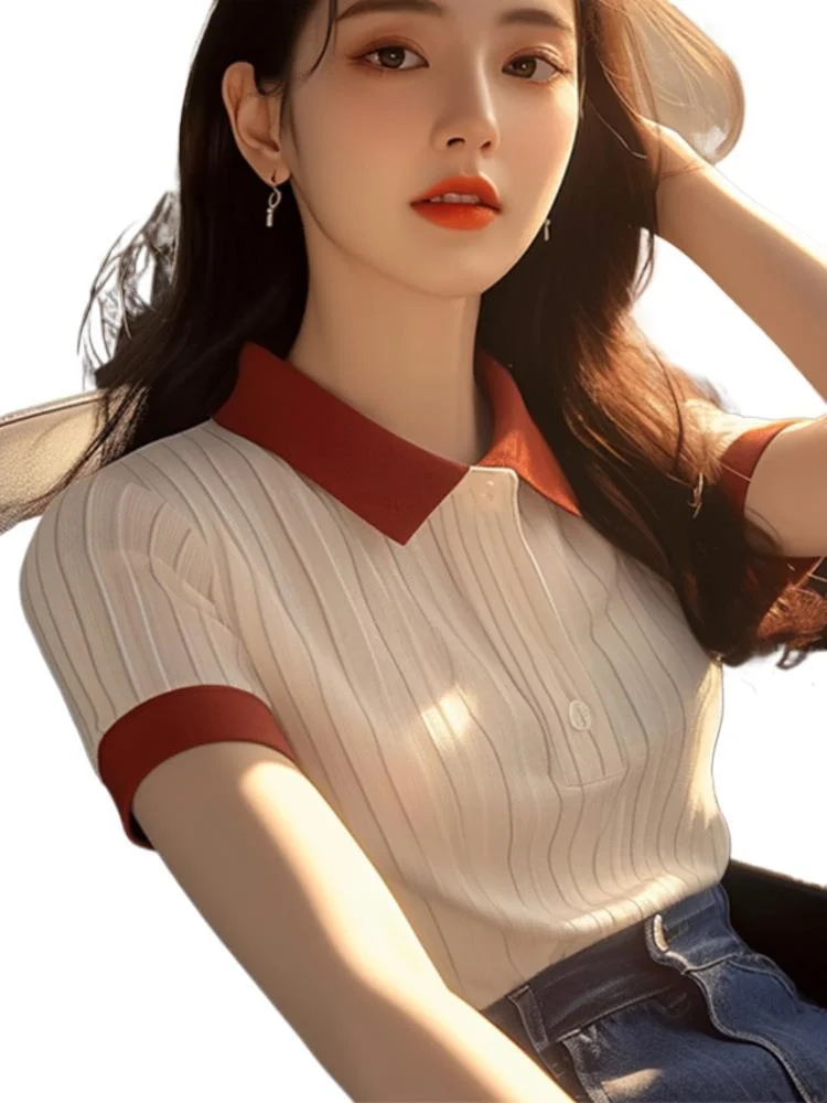 Athvotar Athvotar Simple Super Good-Looking Apricot POLO Collar Short-Sleeved T-Shirts For Women's Summer Unique Slimmed-Beauty Shirts