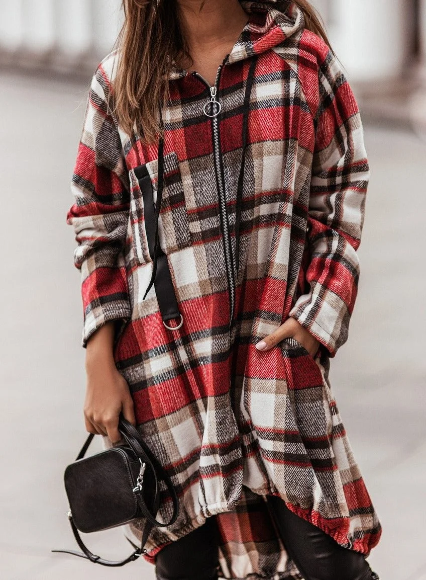 Casual Plaid Zip Long Sleeve Hooded Outerwear