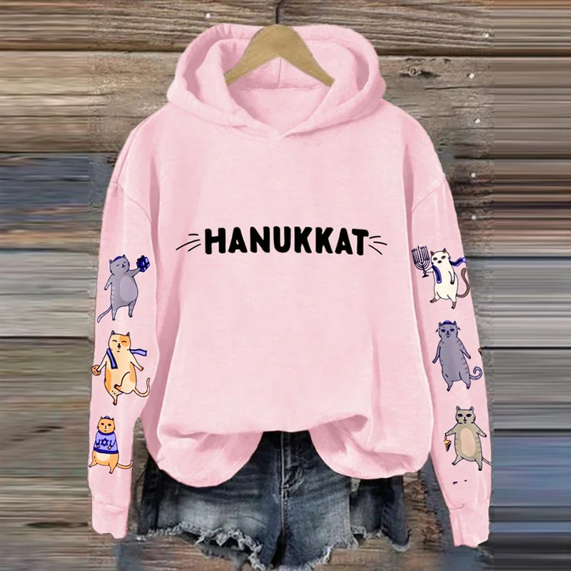 Women's Hanukkah Cat Print Casual Hoodie