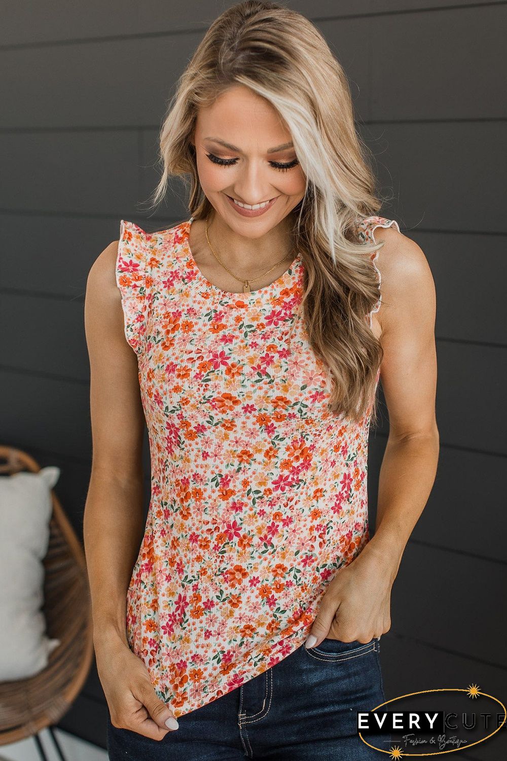Red Floral Ribbed Knit Frill Tank Top