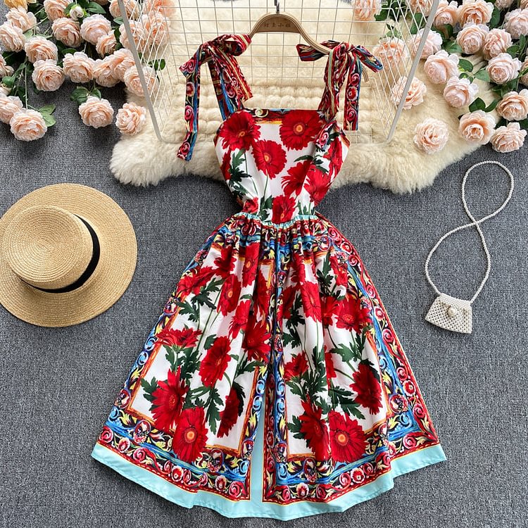 Flaxmaker Bowknot Retro Printed Dress