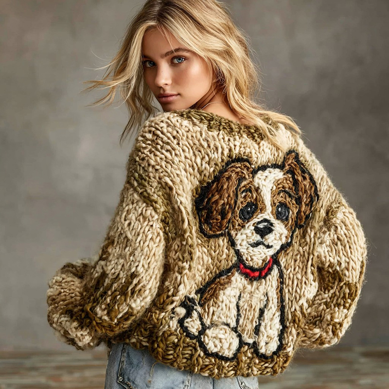 Women's Funny Dog Knitted Jacquard Crew Neck Sweater