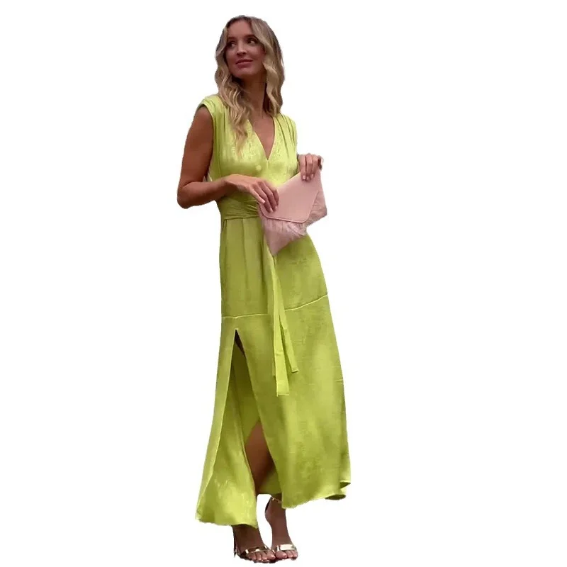 Toloer Toloer 2024 Summer New Women's Pure Desire Wind V-Neck Sleeveless Waist Elegant Dress-Outfit Ideas