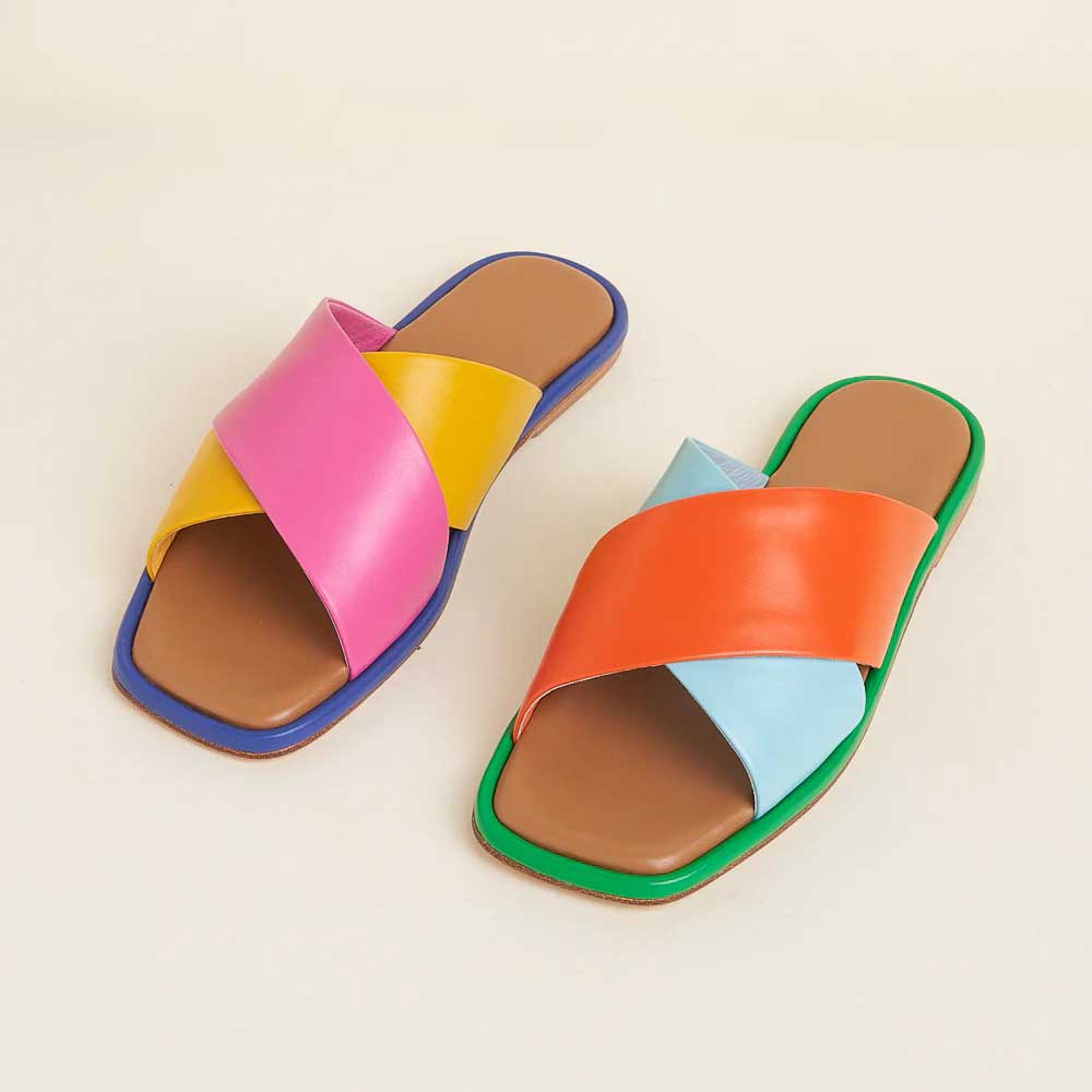 Women's Multi-Color Flat Square Toe Cross Strap Slip On Mules Sandals Nicepairs