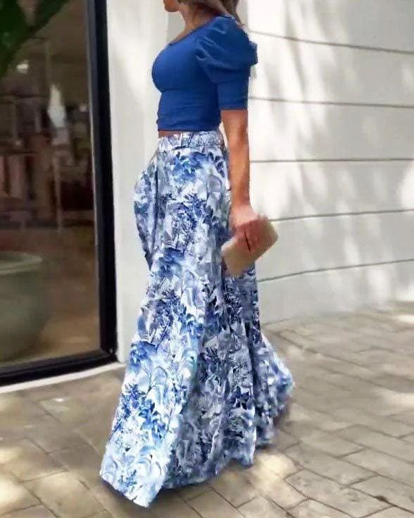 ONE-SHOULDER PUFF-SLEEVE PRINTED TROUSERS TWO-PIECE