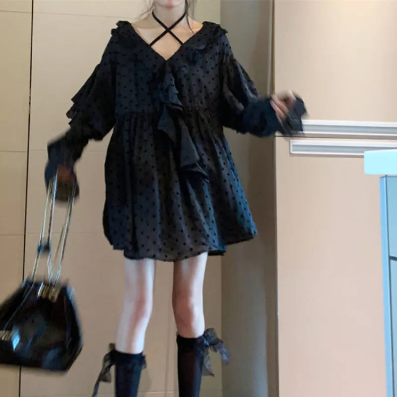 Deeptown Korean Style Polka Dot Black Dress Women Y2k Fairycore Sweet Ruffles One Piece Flare Sleeve Mini Dresses Loose Vestidos LANFUBEISI