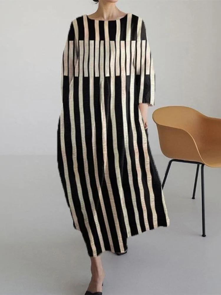 Vintage Geometric Art Linen Blend Maxi Dress
