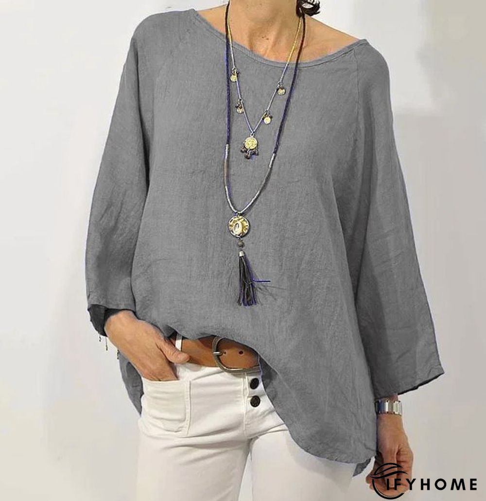 Women Solid Long Sleeve Linen Daily Casual Top | IFYHOME