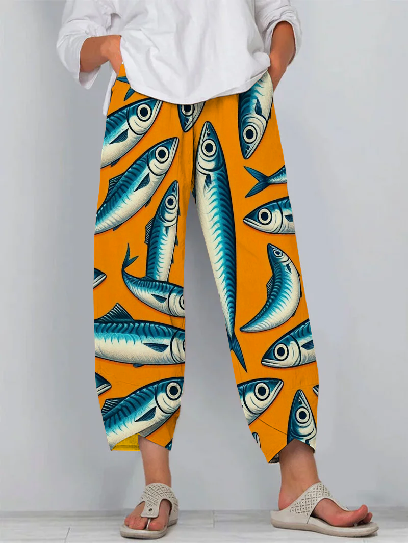 Japanese Yellow Sardines Art Print Cropped Pants