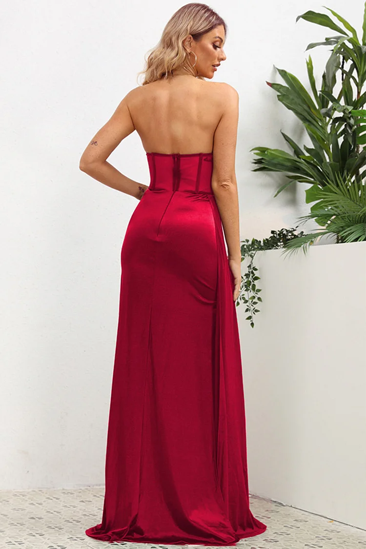 Wedding Guest Green Satin Strapless Slit Sheath Maxi Dress