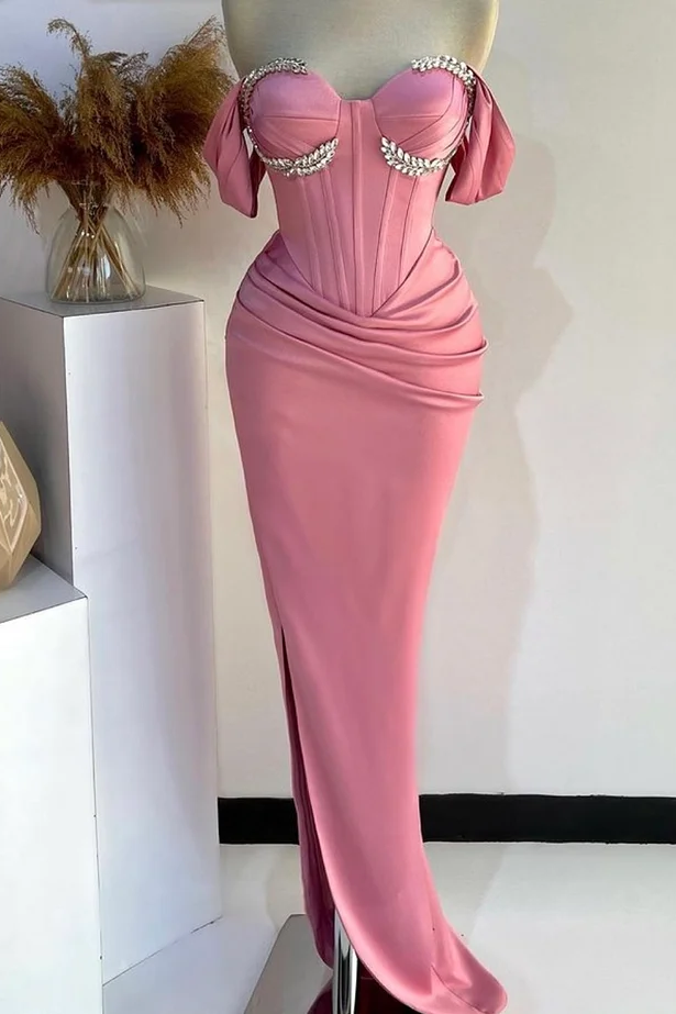 Daisda Elegant Pink Off the Shoulder Sleeveless Split Prom Dress with Beadings