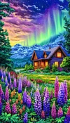 Luxury AB Velvet Diamond Painting Kit - Northern Lights Cabin