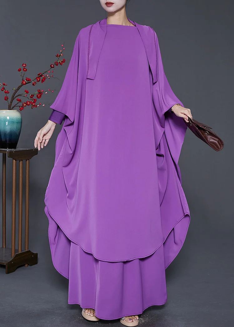 French Purple Oversized Draping Silk Two Piece Set Batwing Sleeve