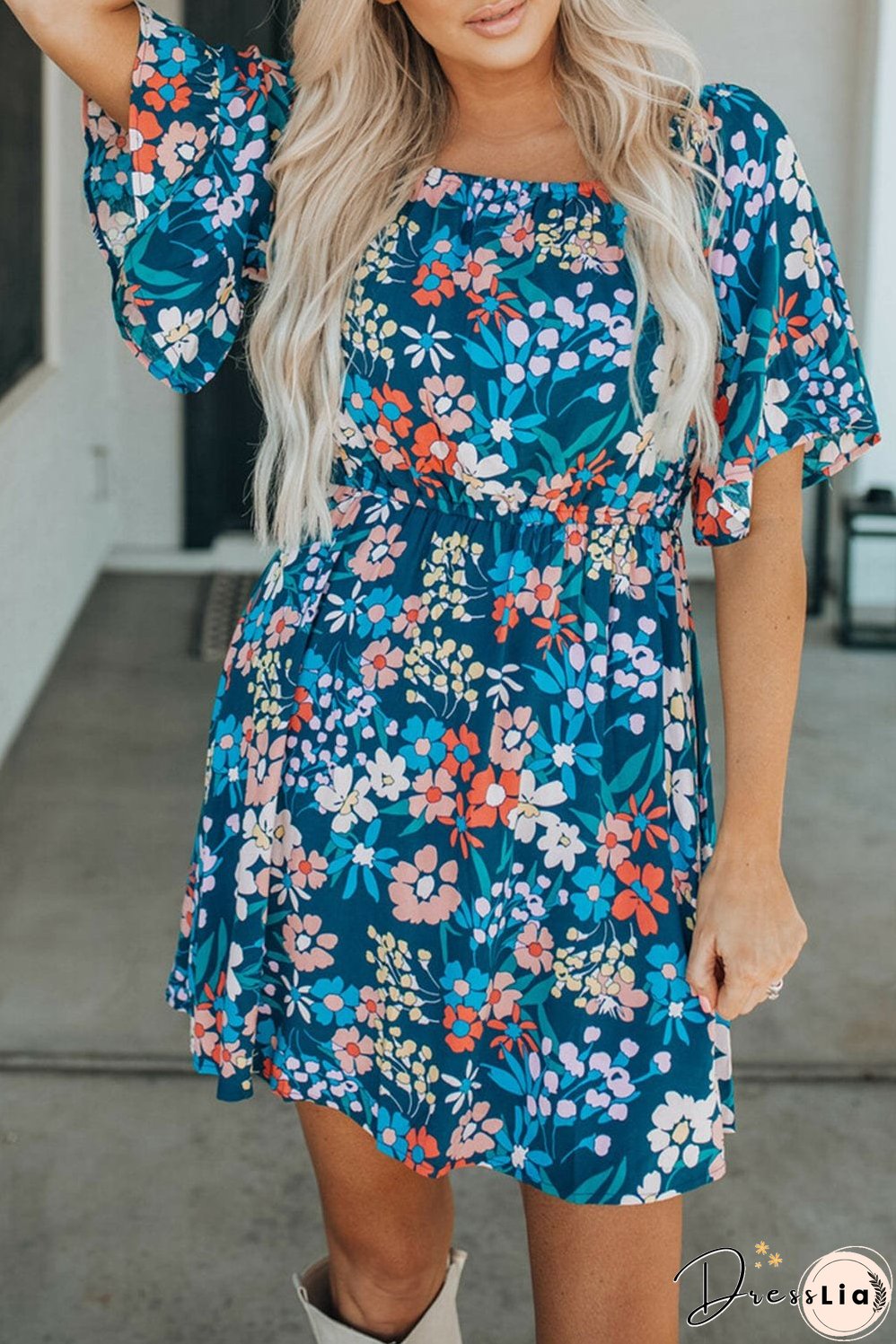 Blue Floral Ruffle Mini Dress with Square Neck