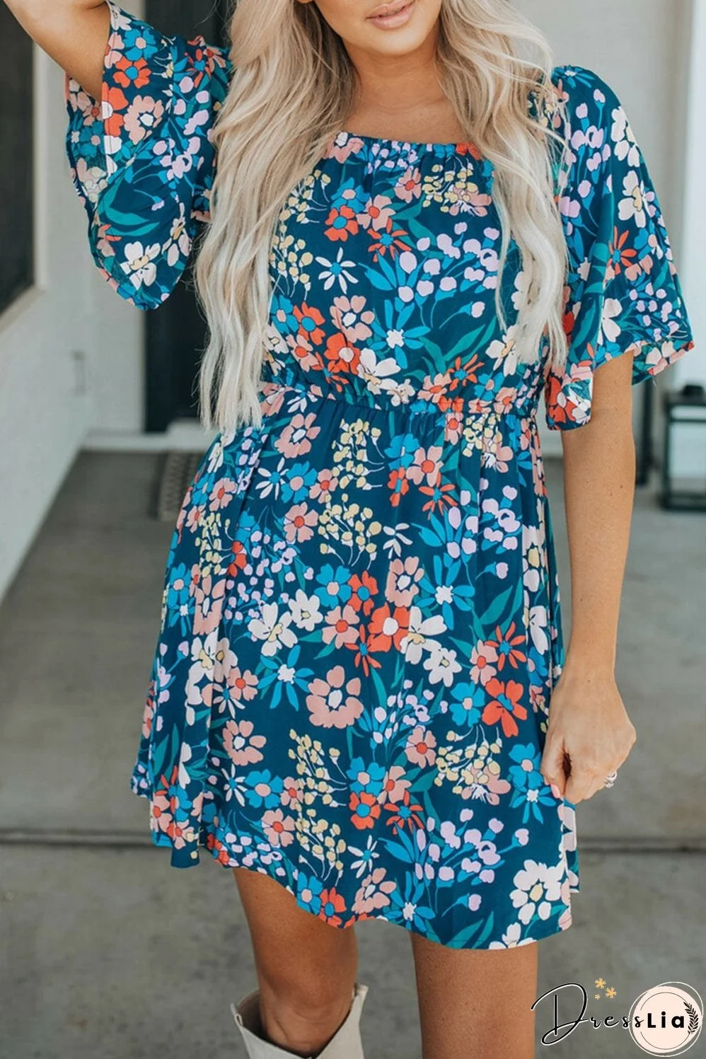 Blue Floral Ruffle Mini Dress with Square Neck