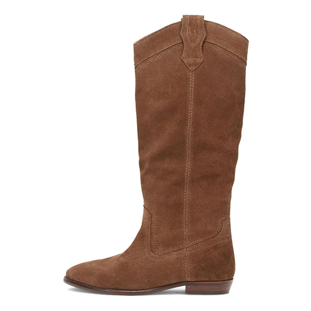 Brown Vegan Suede Round Toe Pull-On Flat Western Boots for Women