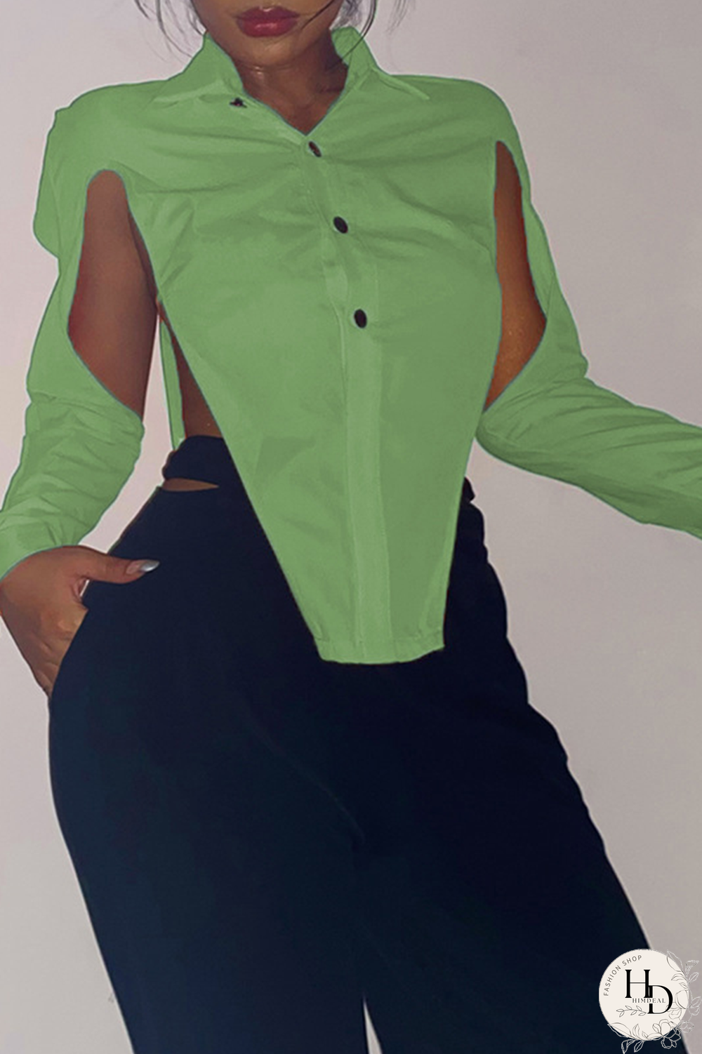 Light Green Sexy Solid Hollowed Out Turndown Collar Tops