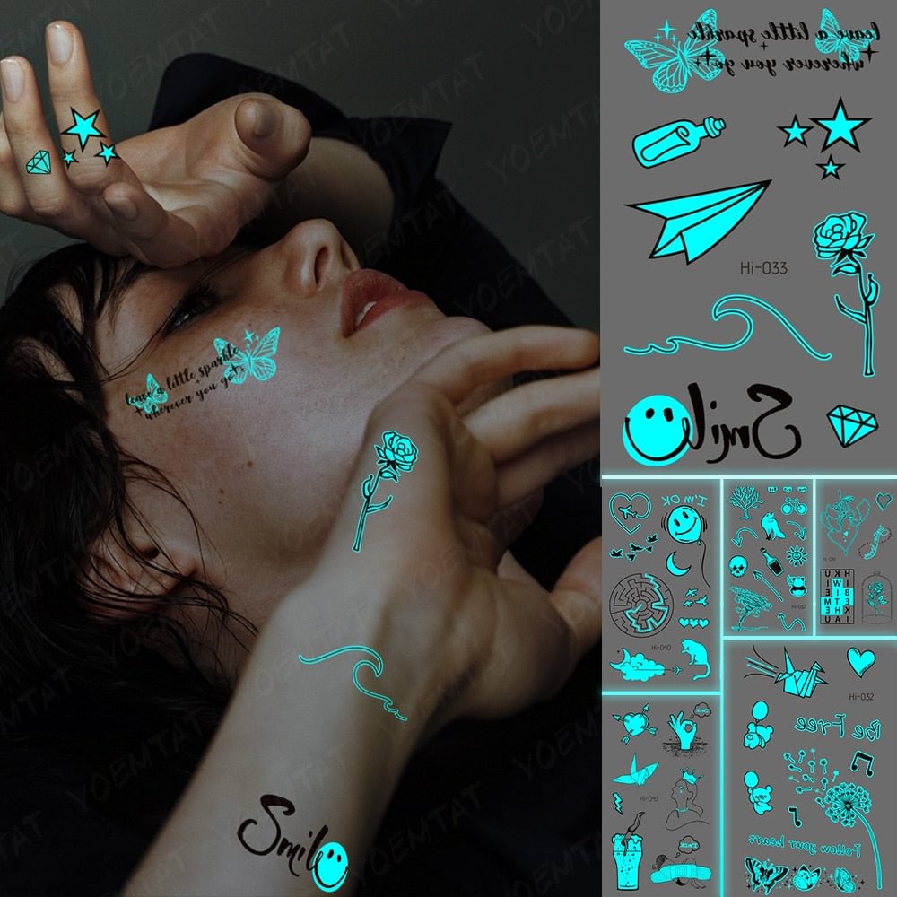 Blue Luminous Glow Tattoo Sticker Paper Airplane Waterproof Temporary Tatoo Cute Small Finger Wrist Fake Tatto For Body Art